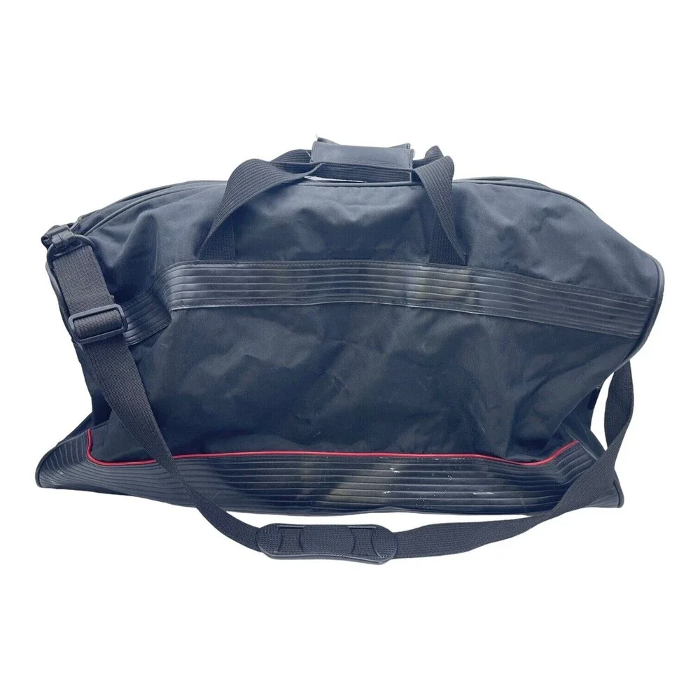 Vtg DELSEY Large Black Leatherette Gym Duffle Bag w Red Stripe